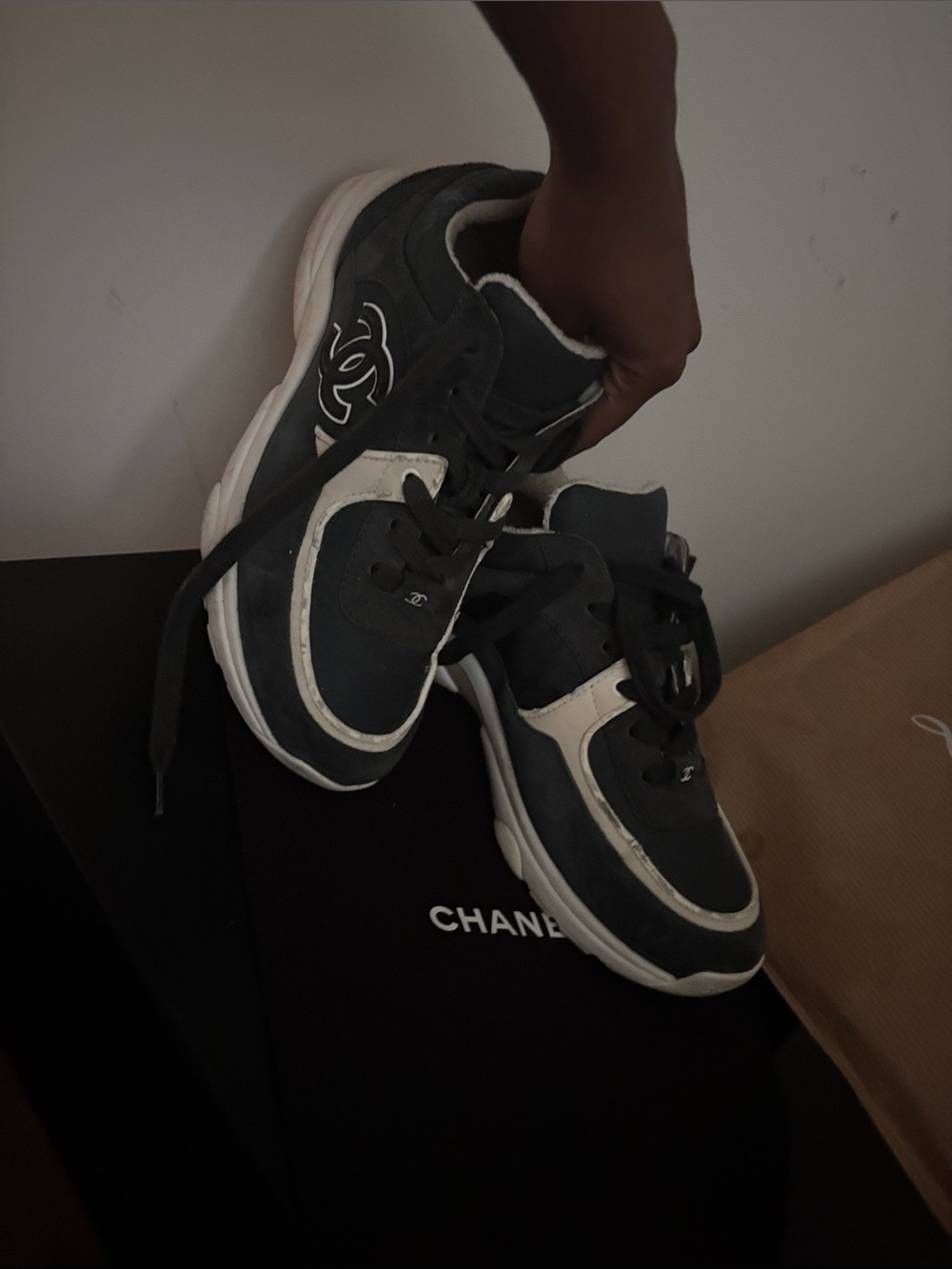 CHANEL Black and Cream Suede Chunky Sneakers